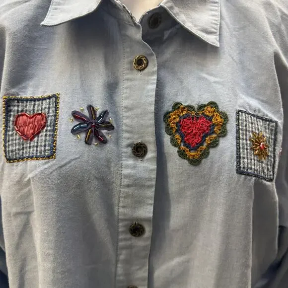 Vtg KORET CITY BLUES Petite Shirt Women XL Crochet Blue Denim Collared Button - Picture 1 of 4